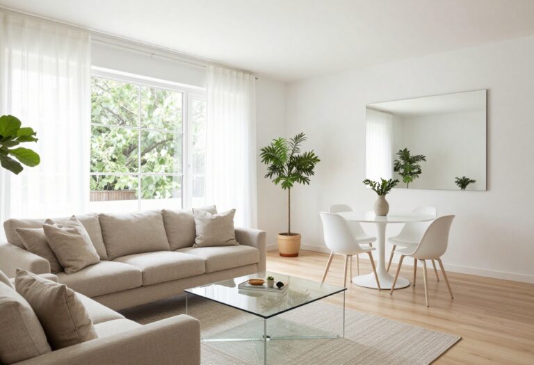 Light and airy small living and dining room with white walls, glass table, and natural light