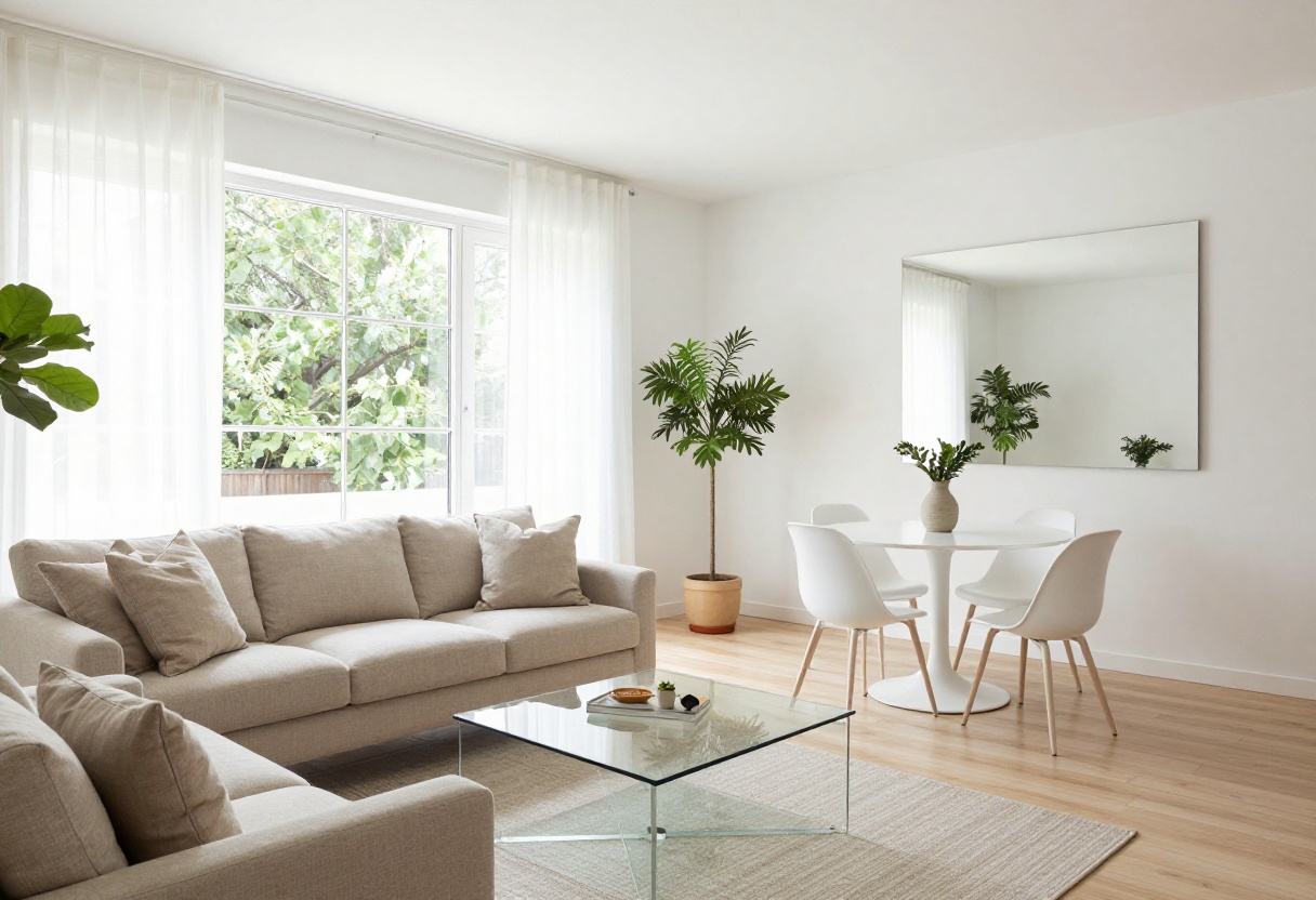 Light and airy small living and dining room with white walls, glass table, and natural light