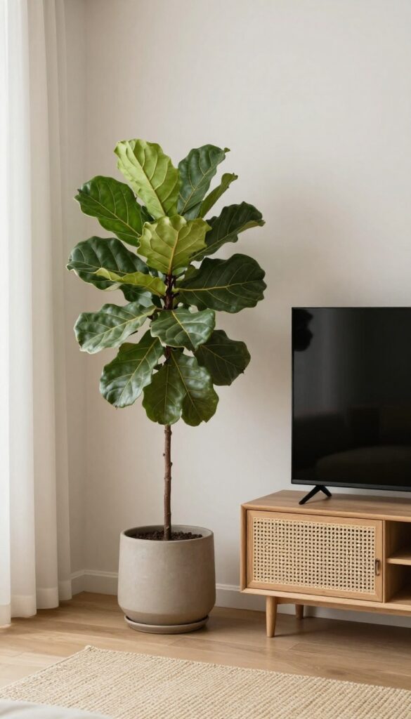 Tall fiddle-leaf fig next to TV stand in bright living room corner