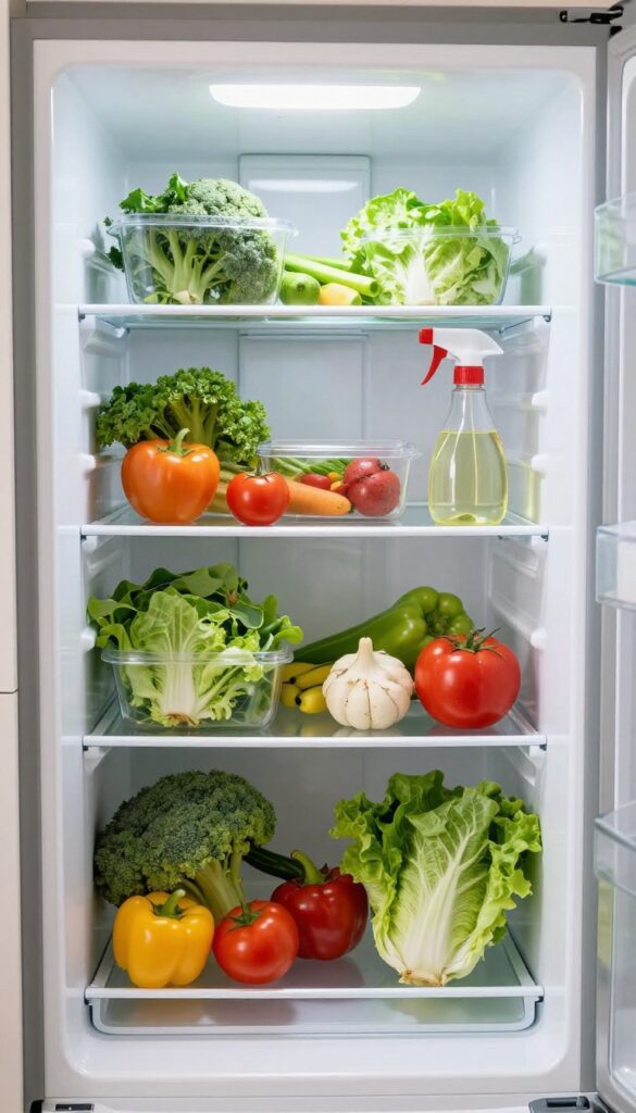 Clean organized refrigerator with fresh vegetables in clear containers and a vinegar spray bottle