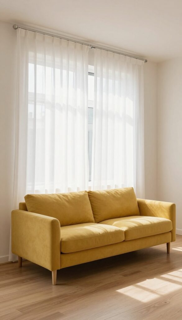 Living room with mustard sofa and white sheer curtains letting in natural light