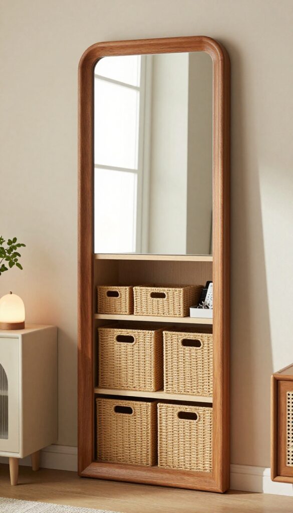 A large mirror with a warm wood frame swinging open to reveal a hidden storage cabinet, organized with bins and everyday items, in a bright cozy living room.