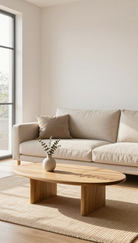 Modern family living room with round oak coffee table, soft beige sofa, natural light, and minimalist decor