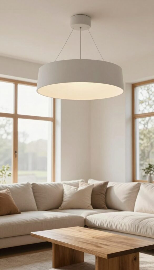 Living room with tray ceiling, recessed center painted warm gray, drum shade light fixture, cozy furniture, natural light.