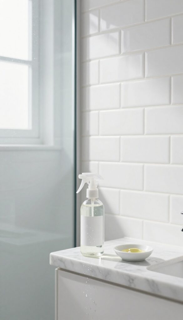 Daily shower spray bottle on a marble ledge inside a clean, bright shower with glass door and white tiles.