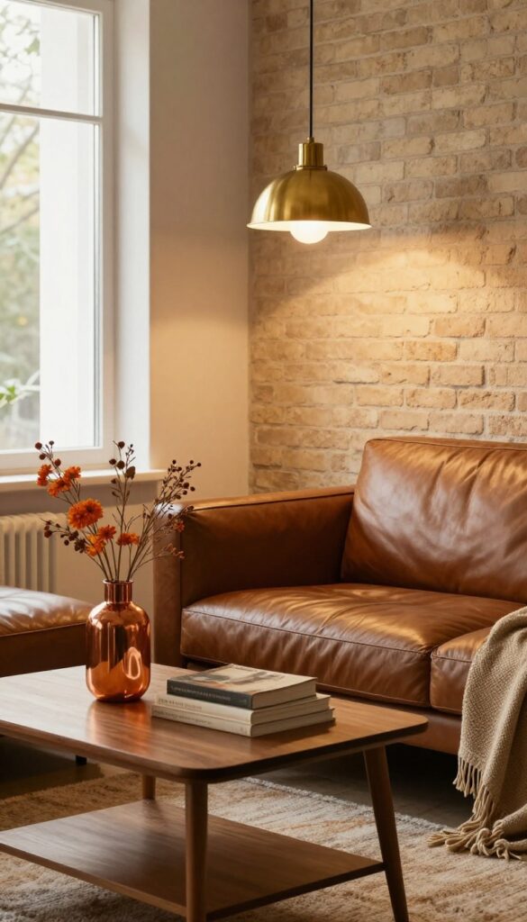 Brass sputnik pendant light over brown leather sofa and coffee table with copper vase and dried orange flowers in warm, cozy living room