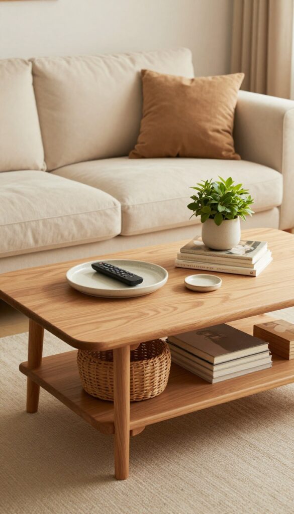Cozy living room with low wooden coffee table featuring storage shelves, baskets, books, and a plant.