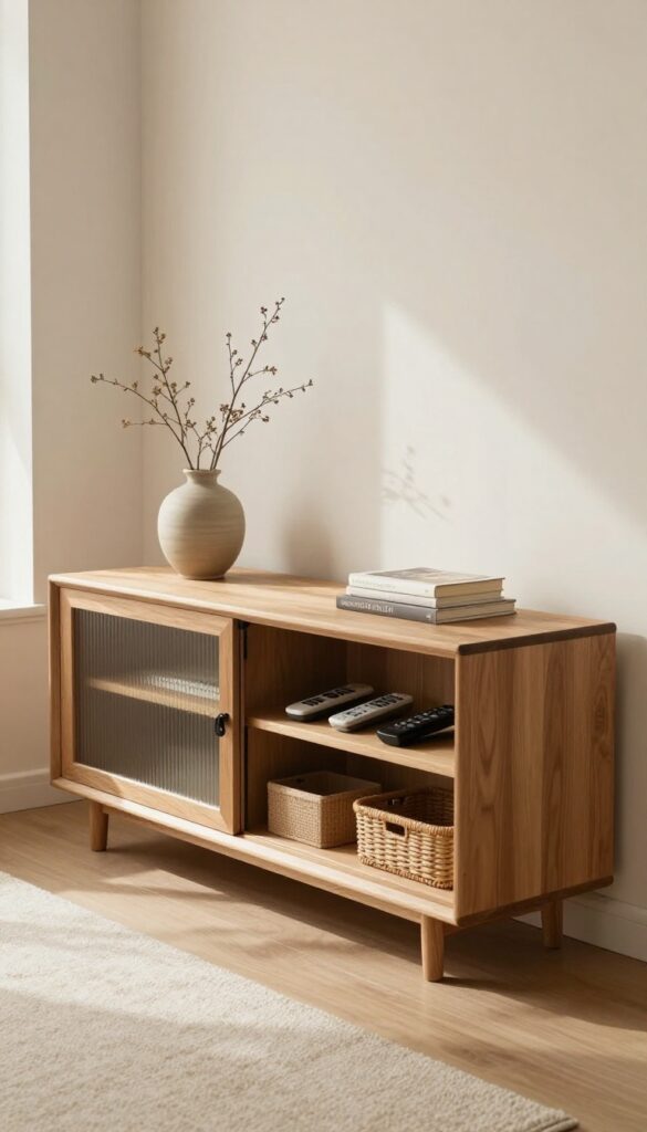 Modern living room with oak media console featuring sliding doors, neatly organized interior, ceramic vase and books on top, warm natural light.