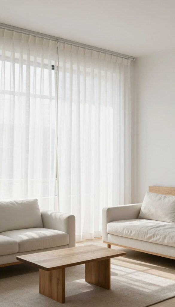 Floor-to-ceiling sheer curtain panels dividing a bright studio apartment living and sleeping areas, with soft natural light filtering through.