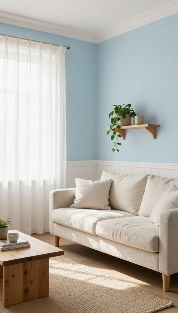 Living room with pale sky blue walls and natural decor
