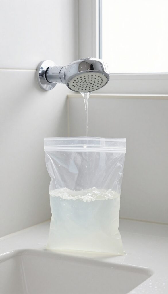 Close-up of a showerhead soaking in a vinegar-filled plastic bag, with bright natural light and clean bathroom tiles.