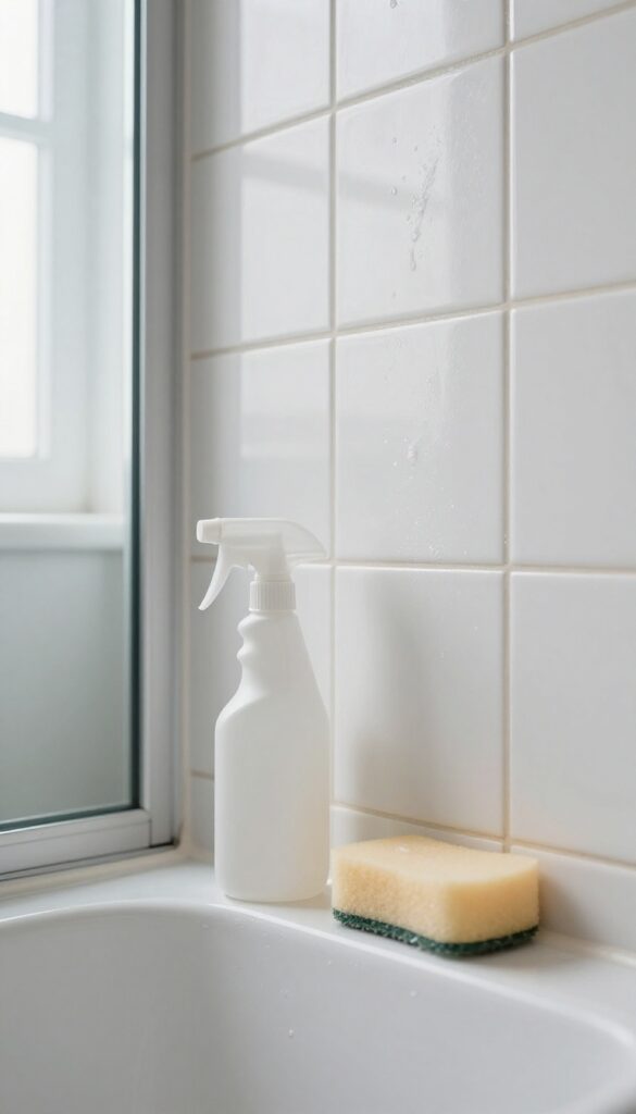 White vinegar spray bottle and sponge near soap scum on bathroom tiles and shower door