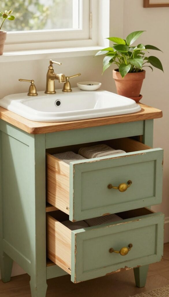 Vintage sideboard converted into a wash basin with ceramic sink, soap dish, and pothos plant in a cozy living room
