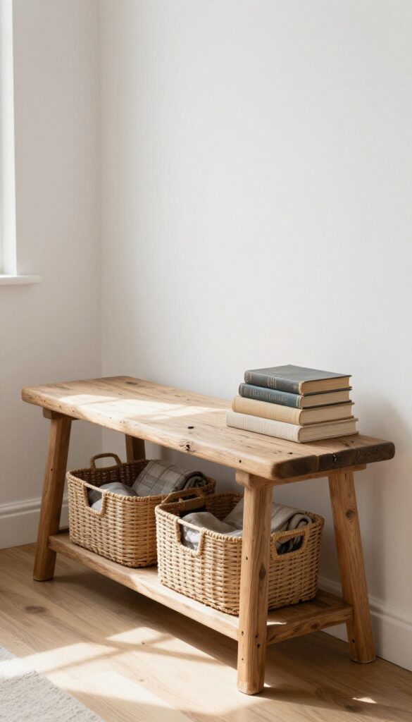 Rustic reclaimed wood bench with woven baskets and linen cushion in cozy living room