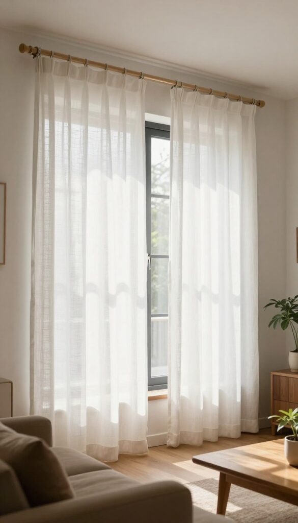 Living room with no-drill curtain rod held by command hooks, white linen curtains, bright natural light, cozy interior.