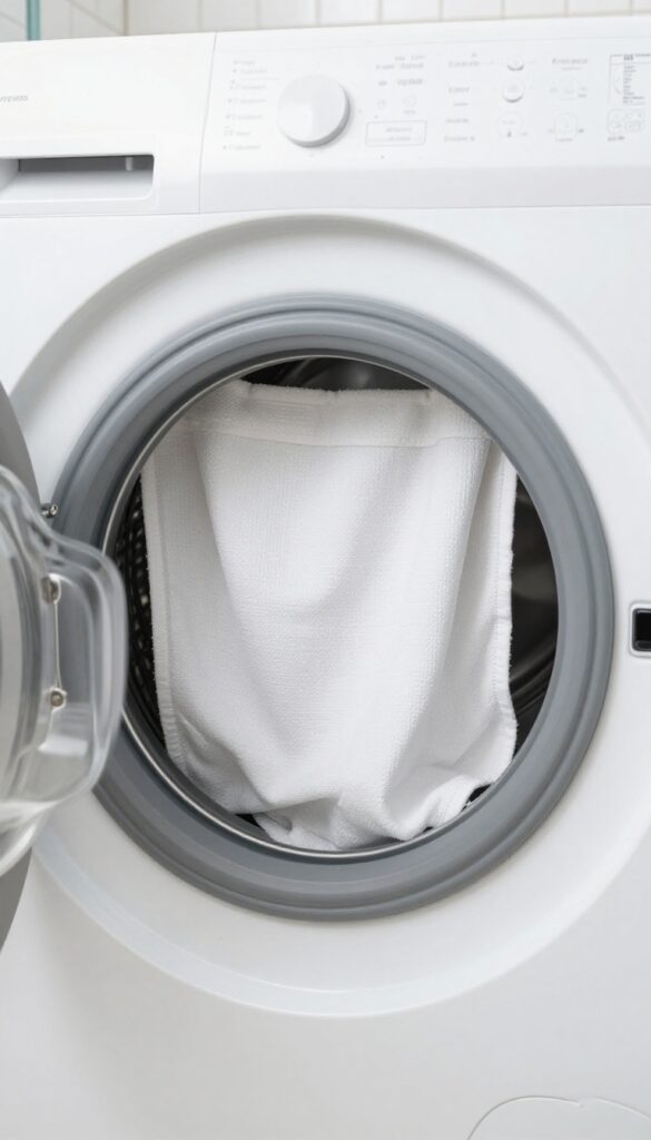 White shower curtain being placed into a washing machine for cleaning