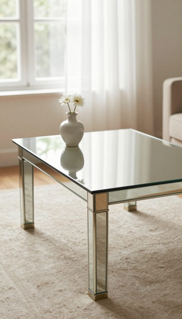 Mirrored coffee table reflecting light in a small traditional living room