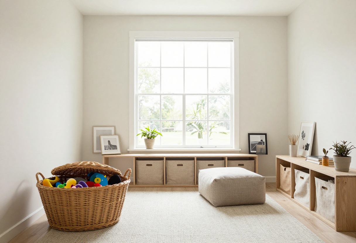 Living room with woven basket toy storage and storage ottoman, bright natural light, organized and stylish.