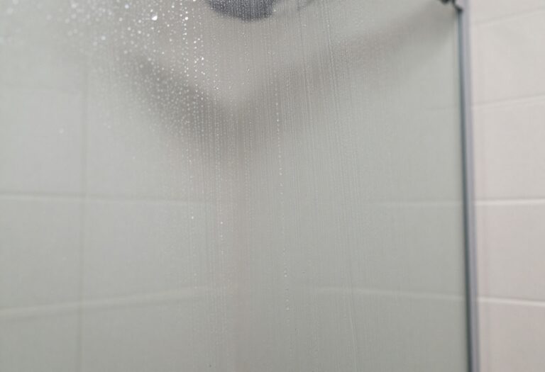Sparkling clean shower glass door with water droplets