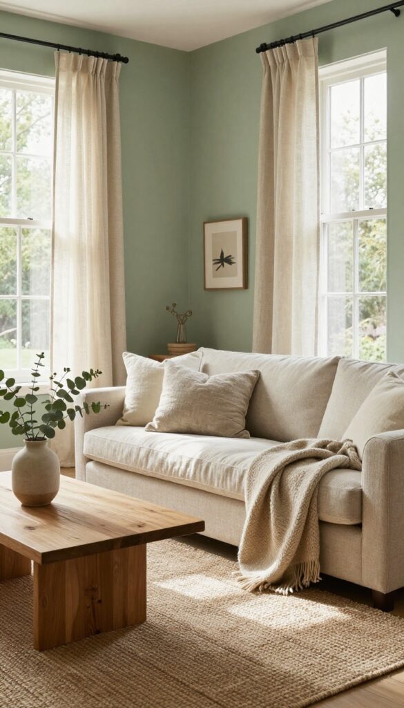 A cozy green living room with linen curtains, jute rug, and wool throw, showcasing organic textures and natural light.