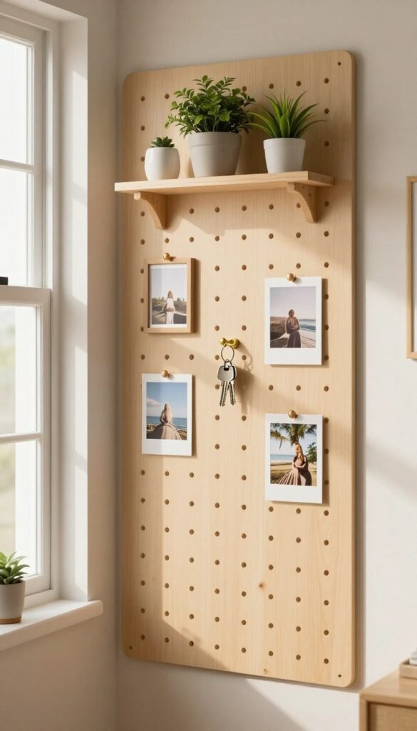 Cozy living room corner with a warm beige pegboard wall displaying framed photos, a small plant, and keys, bathed in soft natural light.