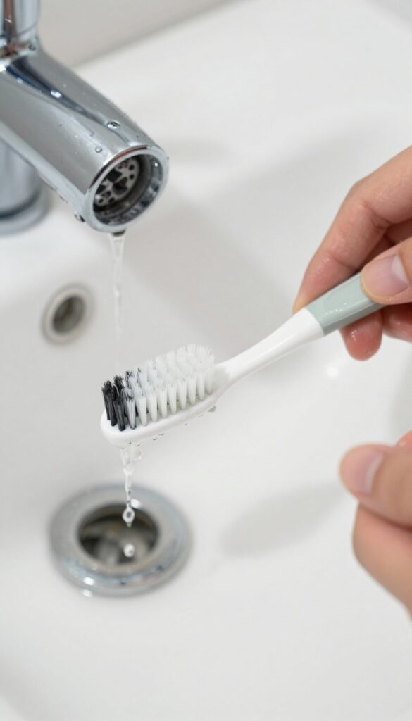 Hand scrubbing a shower head nozzle with a toothbrush under natural light