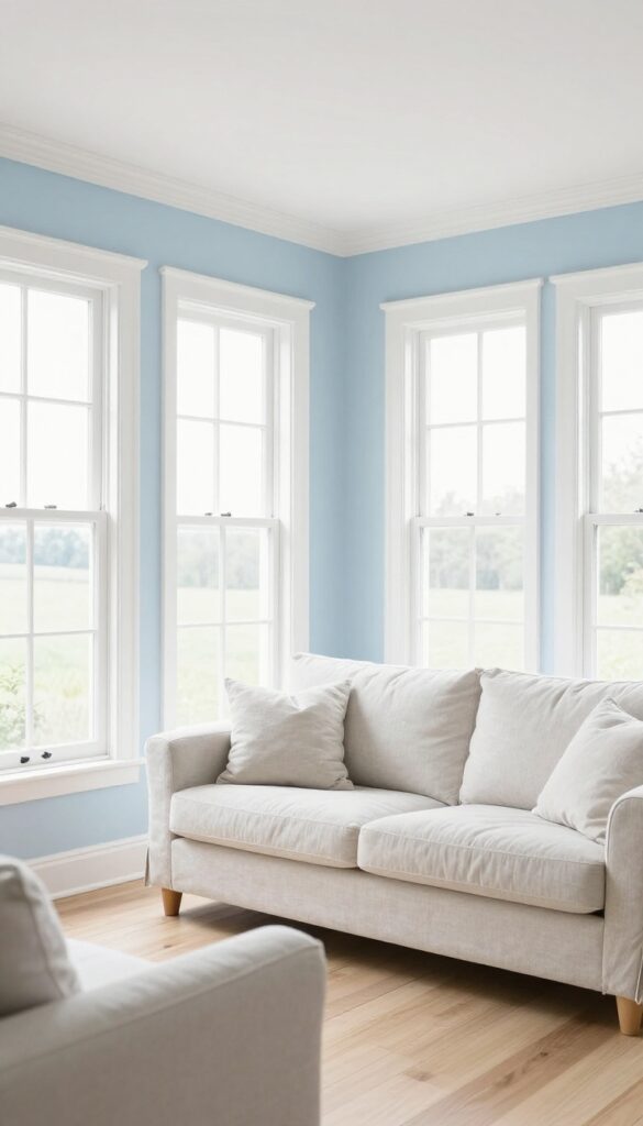 Cottage living room with soft white ceiling and pale blue ceiling, bright natural light, cozy and airy atmosphere