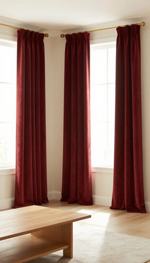Floor-to-ceiling rust velvet curtains in a bright living room with warm wood and cream walls