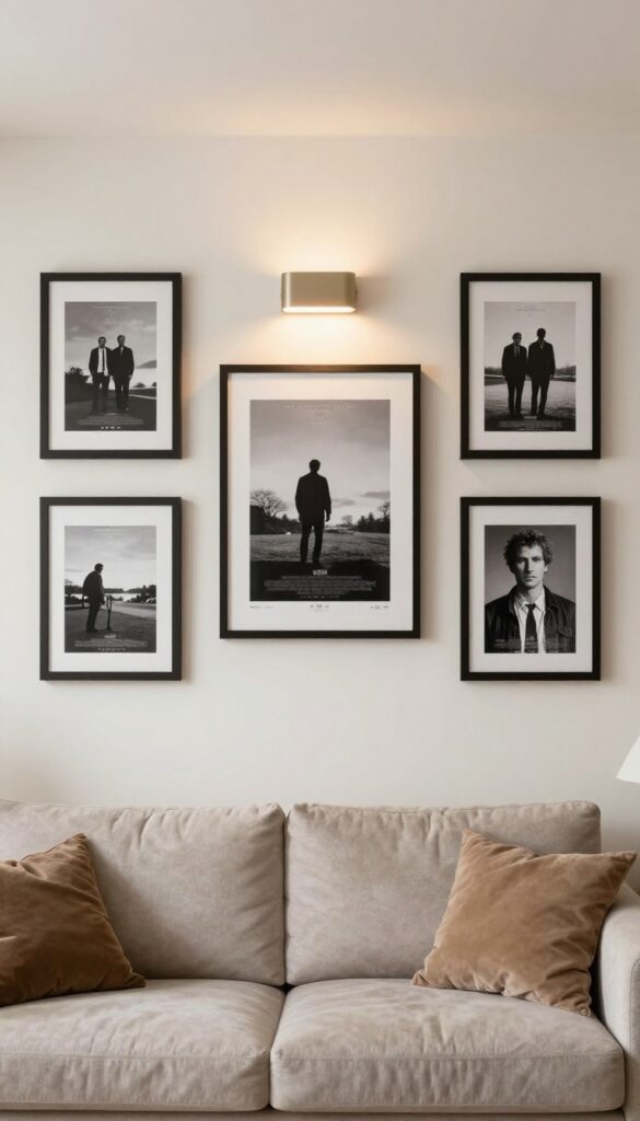 Cozy basement living room with a gallery wall of framed movie posters, warm lighting, and plush seating.