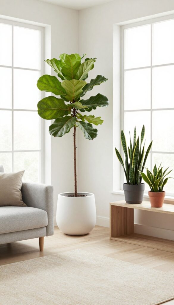 Modern family living room with greenery, snake plants, pothos, and fiddle leaf fig in stylish pots, bright natural light, clean decor
