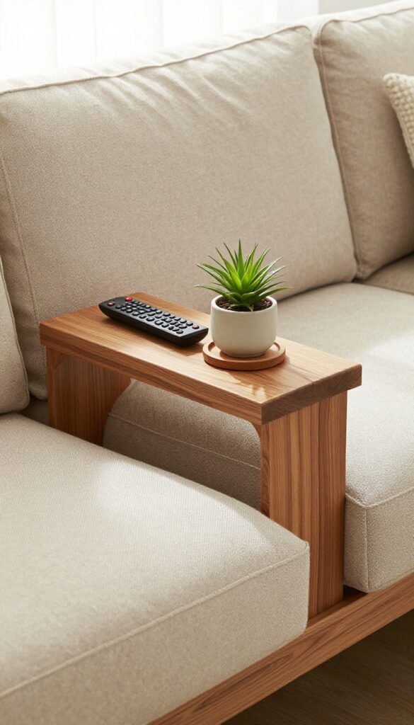 A decorative tray on a sofa cushion with remote, coaster, and small plant, bright natural light, clean composition.