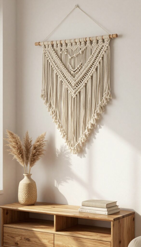 Warm living room with macrame wall hanging above console table, natural light, cozy boho decor