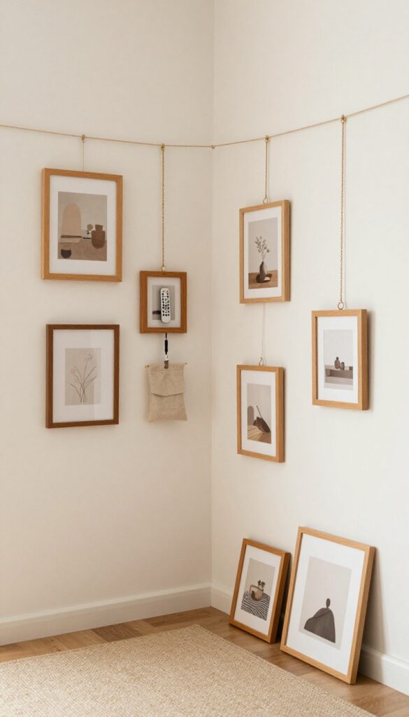 Tension rod with hanging frames in a living room corner, creating a no-nail gallery wall with wooden frames on ribbons and chains, and a small storage pouch.