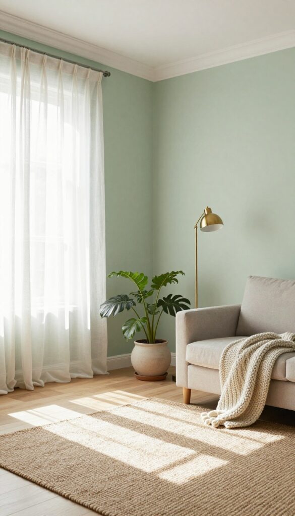 Bright living room with pale sage green walls, white trim, natural wood floor, linen curtains, jute rug, and cozy decor.