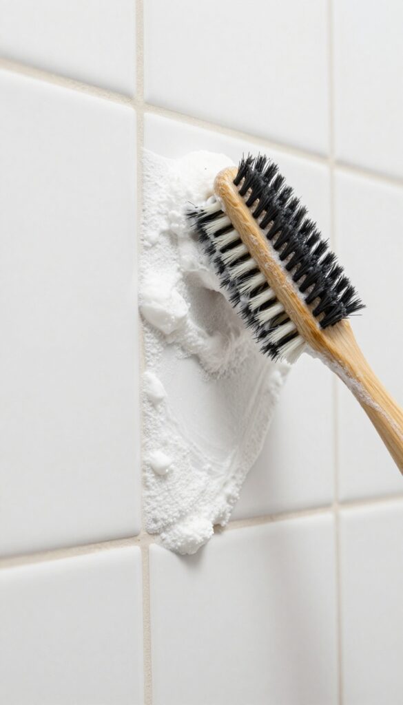 Cleaning grout lines with a toothbrush and baking soda paste in a bright bathroom