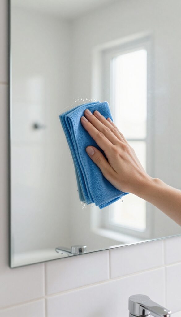 A microfiber cloth wiping a bathroom mirror in an S-pattern, achieving a streak-free finish