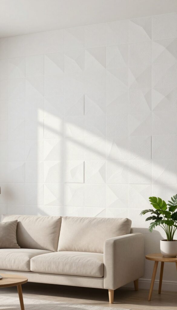 Close-up of textured wall panels in a small living room, with soft shadows and simple furniture.