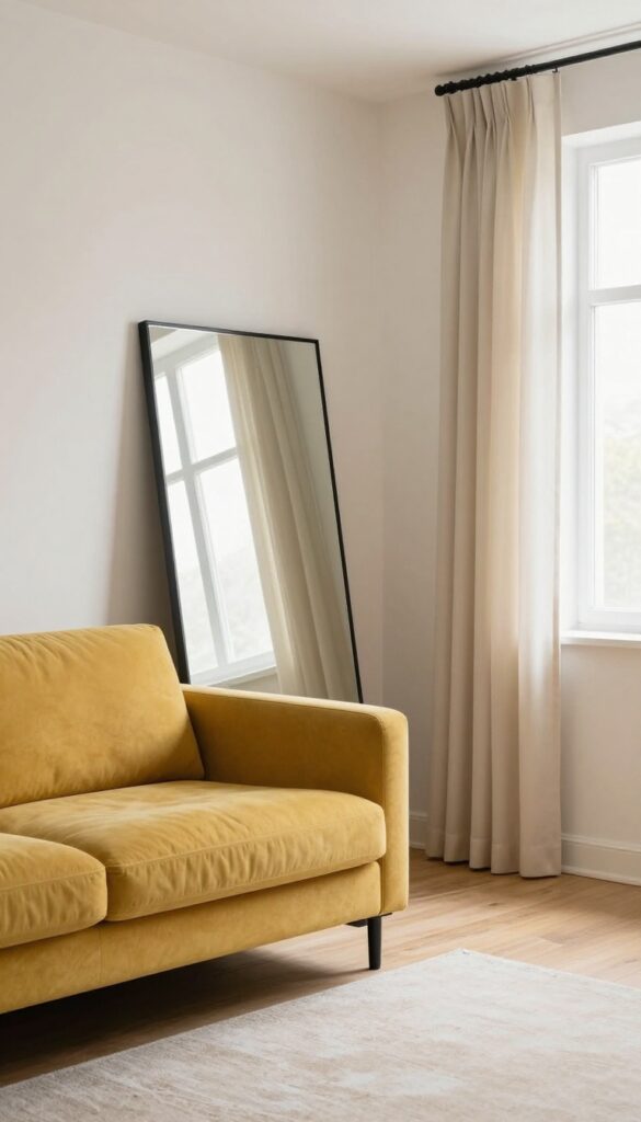 Small living room with mustard sofa and large mirror reflecting light