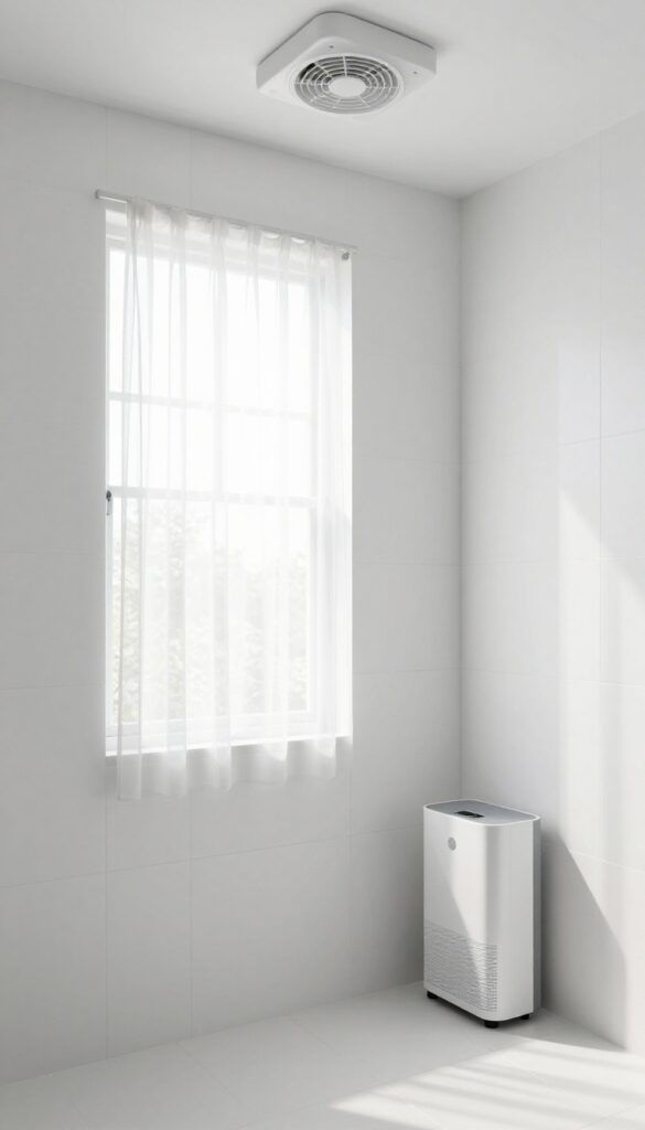 Bright bathroom with open window, exhaust fan, and dehumidifier, highlighting improved ventilation to prevent mold.