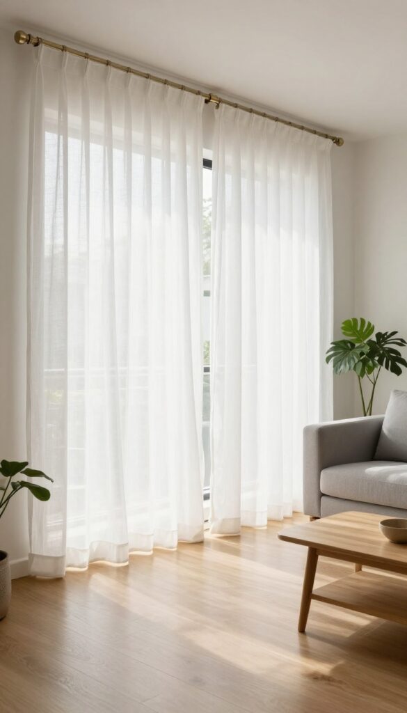 Light living room with sheer white curtains letting in soft sunlight, pale grey sofa and light wood coffee table