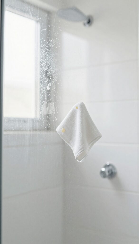 Close-up of a glass shower door being wiped with baby oil on a microfiber cloth, showing soap scum removal in a bright bathroom.