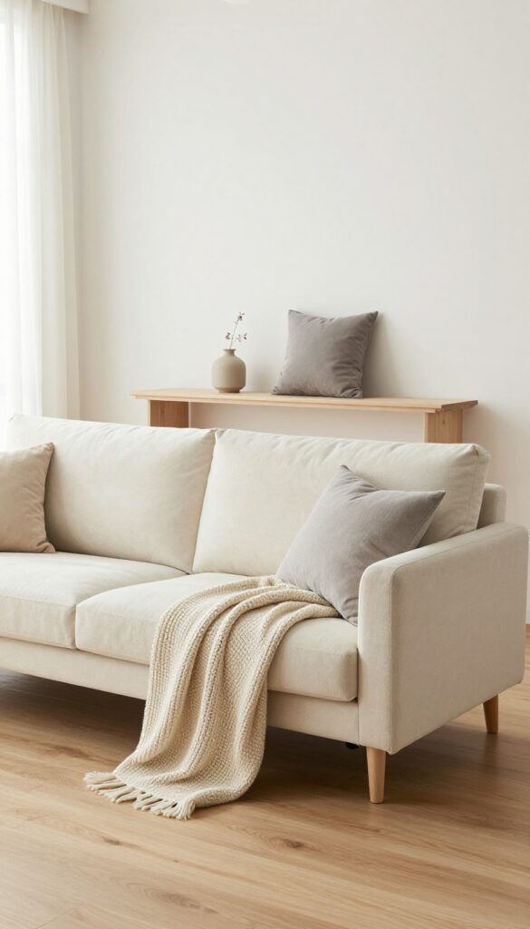 Low-profile cream sofa floating in bright living room with console table, natural light, and cozy throw