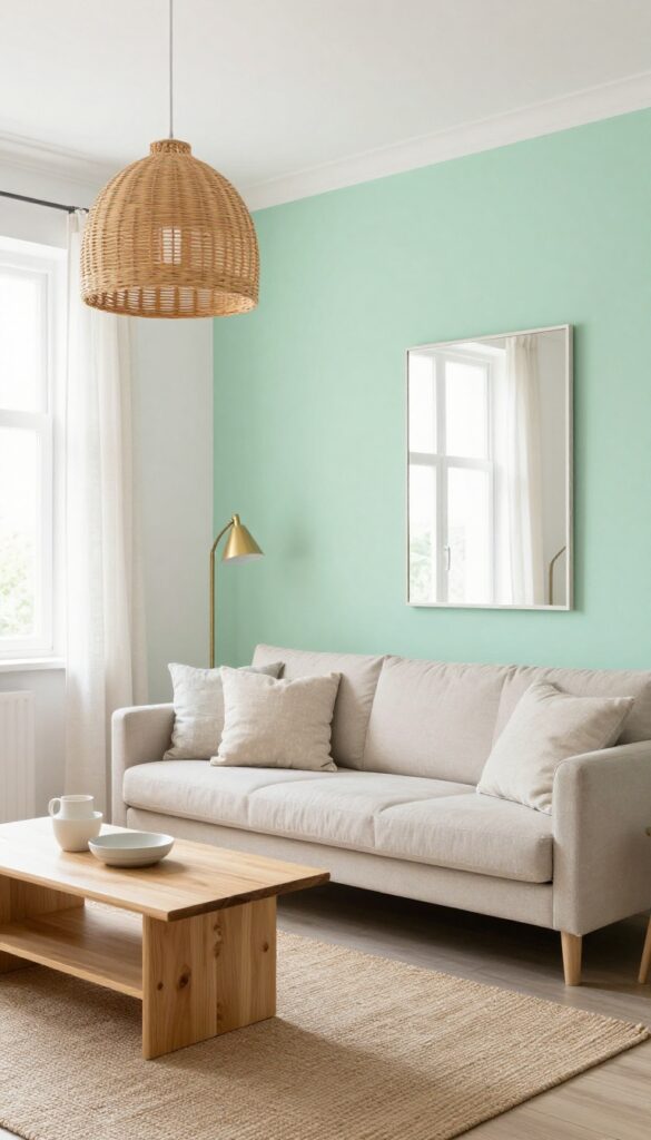 Small living room with mint green accent wall and white decor, bright natural light, airy feel