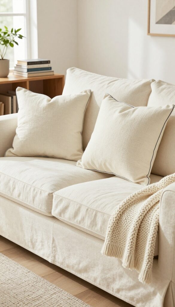 DIY cream pillow covers from drop cloths on a linen sofa in a bright living room