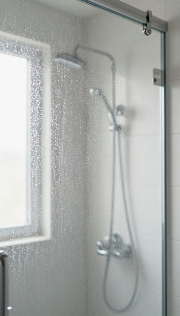 Shower glass door with water beading and sliding off after rinse aid application, showing spot-free clarity