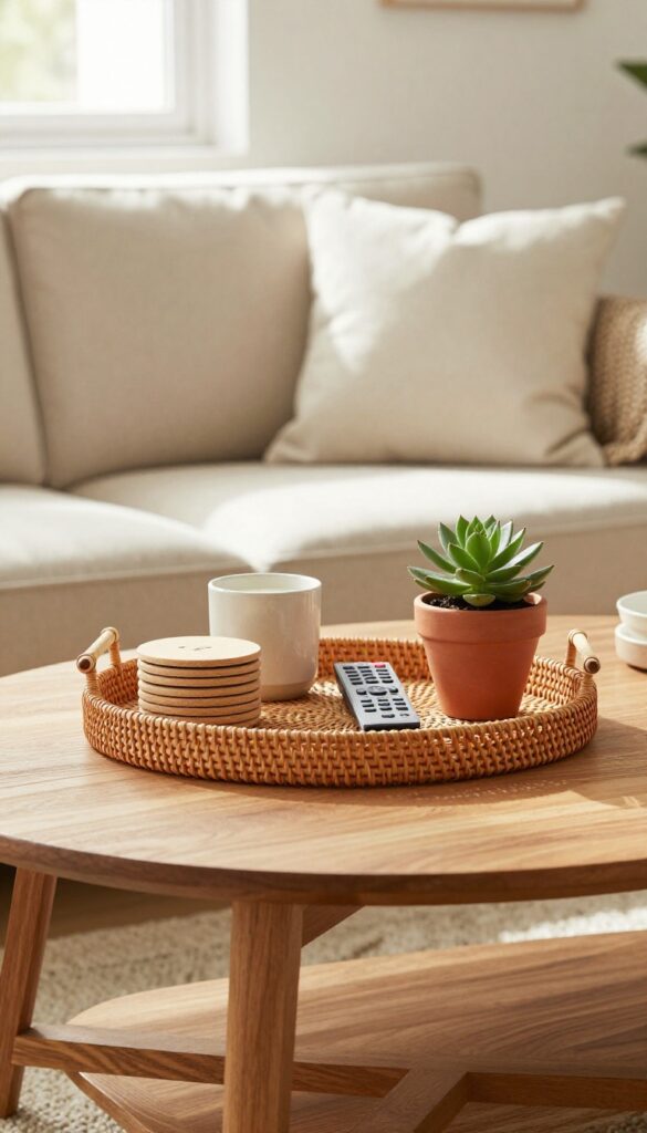 Low-profile rattan tray on a wooden coffee table with candle, coasters, remote, and succulent, warm natural light, cozy living room background