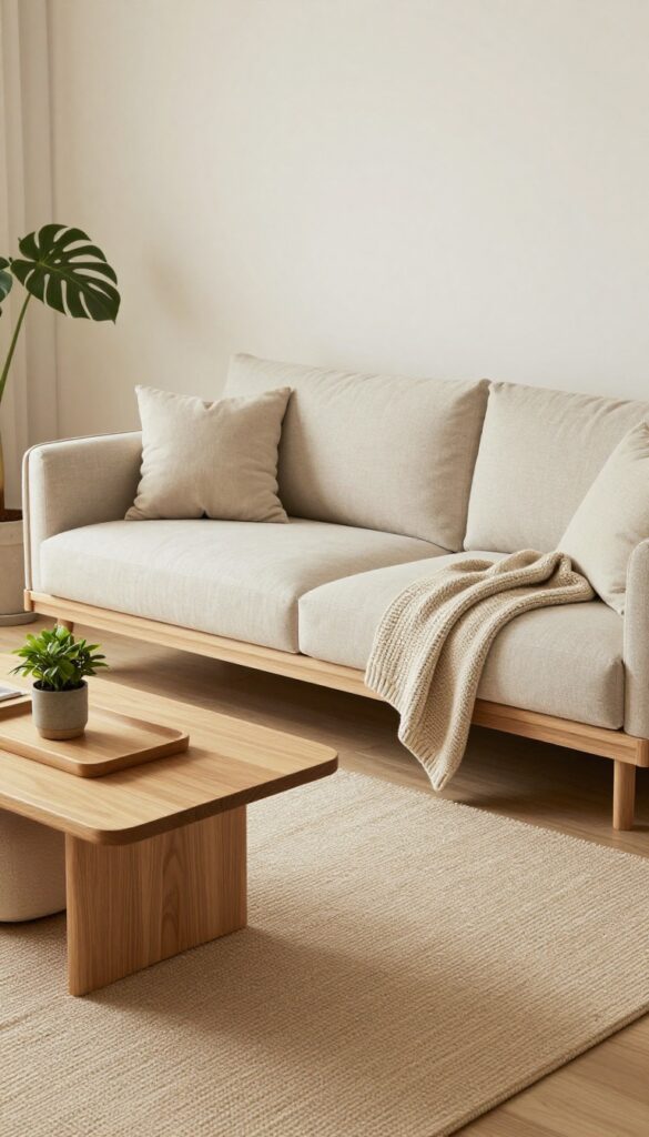 Modular wooden sofa with movable ottomans in a small modern living room, warm and cozy style