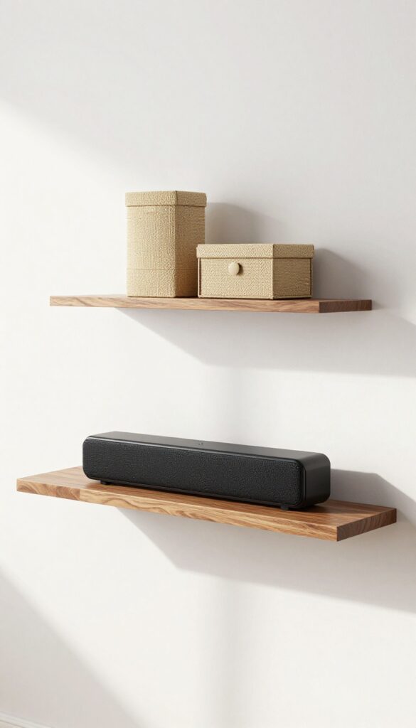 Minimalist wall-mounted shelf with boxes below TV in bright living room