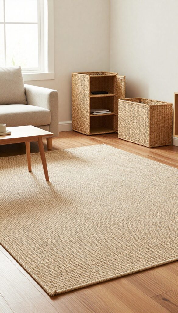 Living room with a jute carpet featuring a woven storage pouch at the corner, holding a remote and glasses