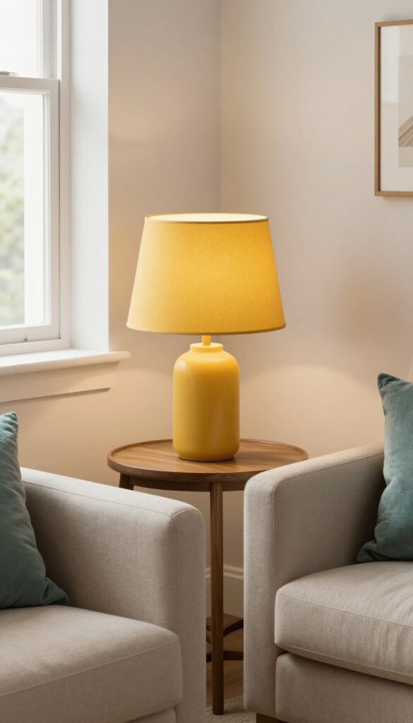 A living room corner with a mustard yellow lampshade on a lamp, casting a warm glow on a beige armchair and wooden side table.